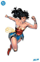 Wonder Woman in full costume, flying forward.