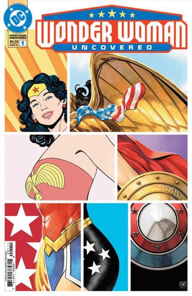 Wonder Woman comic book cover featuring close-up images of her face, armor, eagle emblem, shield, and stars.