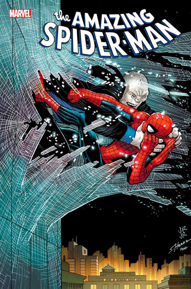 Comic book cover: The Amazing Spider-Man, featuring Spider-Man and a villain crashing through a glass building with a city skyline in the background.