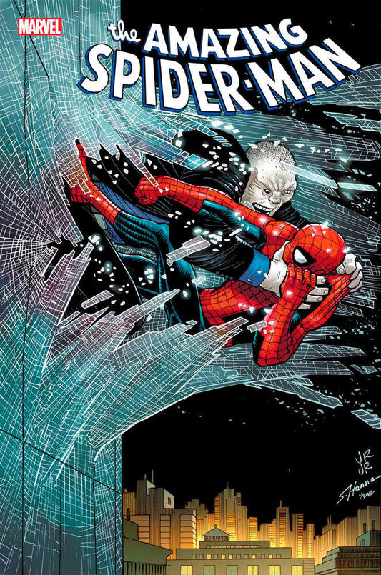 Comic book cover: The Amazing Spider-Man, featuring Spider-Man and a villain crashing through a glass building with a city skyline in the background.