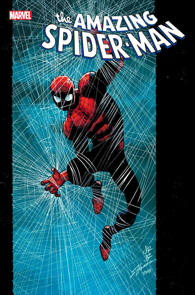 Spiderman comic book cover. Spiderman in a red and black suit leaps through a web.