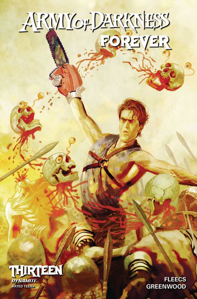 Comic book cover with Ash Williams holding a chainsaw, surrounded by skulls and enemies.