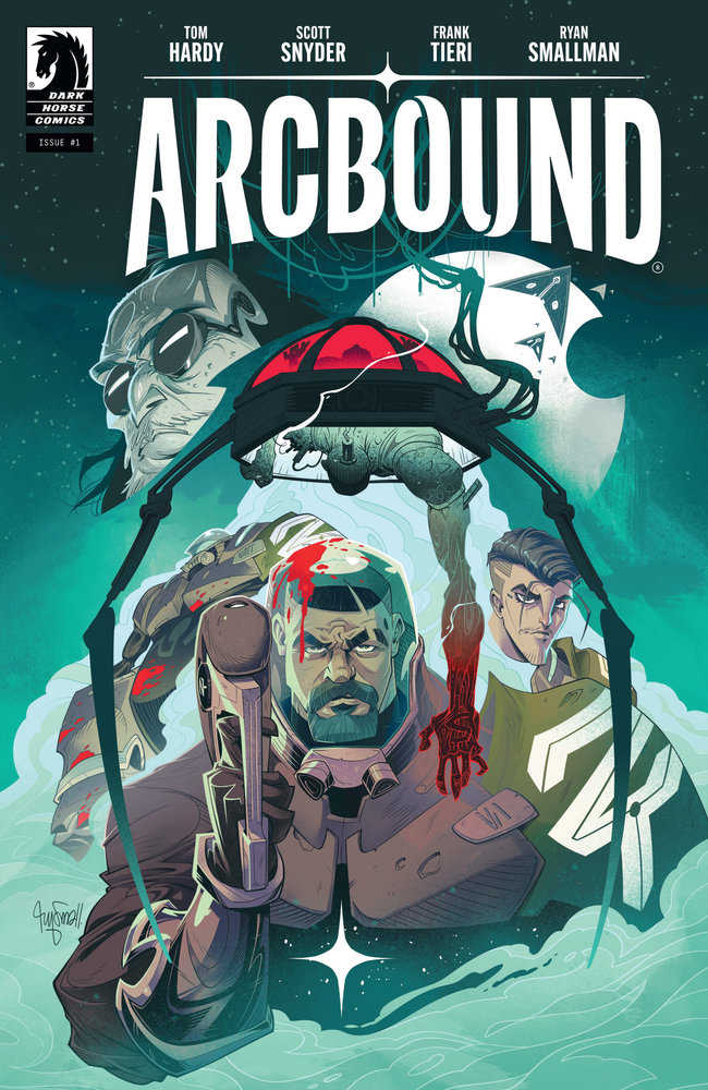 Comic book cover featuring futuristic characters, a spider-like vehicle, and the title "Arcbound."
