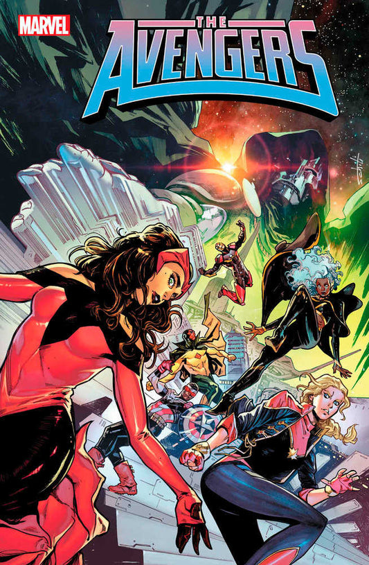 Comic book cover featuring the Avengers. Scarlet Witch in red and black, Captain Marvel in black and blue, Storm in black, and Iron Man and Vision in the background.