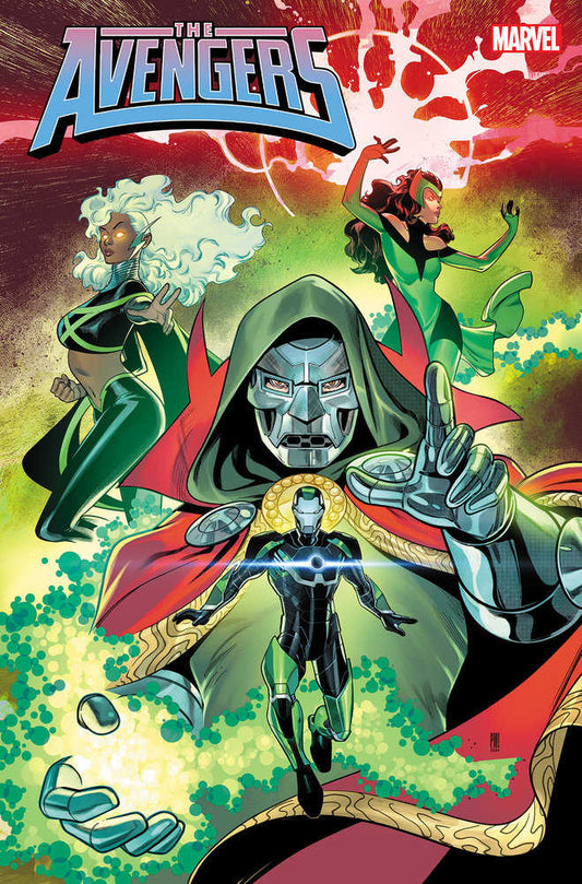 Comic book cover with Avengers characters Storm, Scarlet Witch, Dr. Doom, and Iron Man in green and metal.
