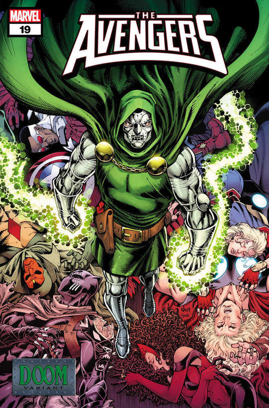 Comic book cover showing Doctor Doom in green and silver, standing victorious over the defeated Avengers.