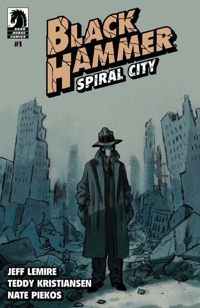 Comic book cover featuring a detective with a gas mask in a ruined city.