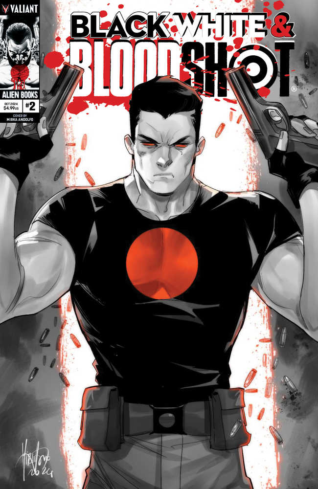 Comic book cover art featuring a muscular man with a red circle on his black t-shirt, holding two guns. The cover is titled "Black White & Bloodshot."
