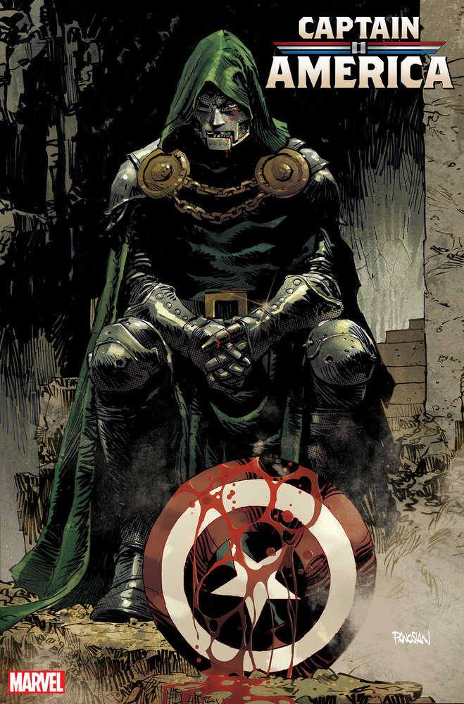 Comic book cover depicting Doctor Doom seated with Captain America's bloodied shield.
