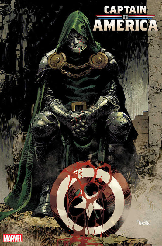 Comic book cover depicting Doctor Doom seated with Captain America's bloodied shield.