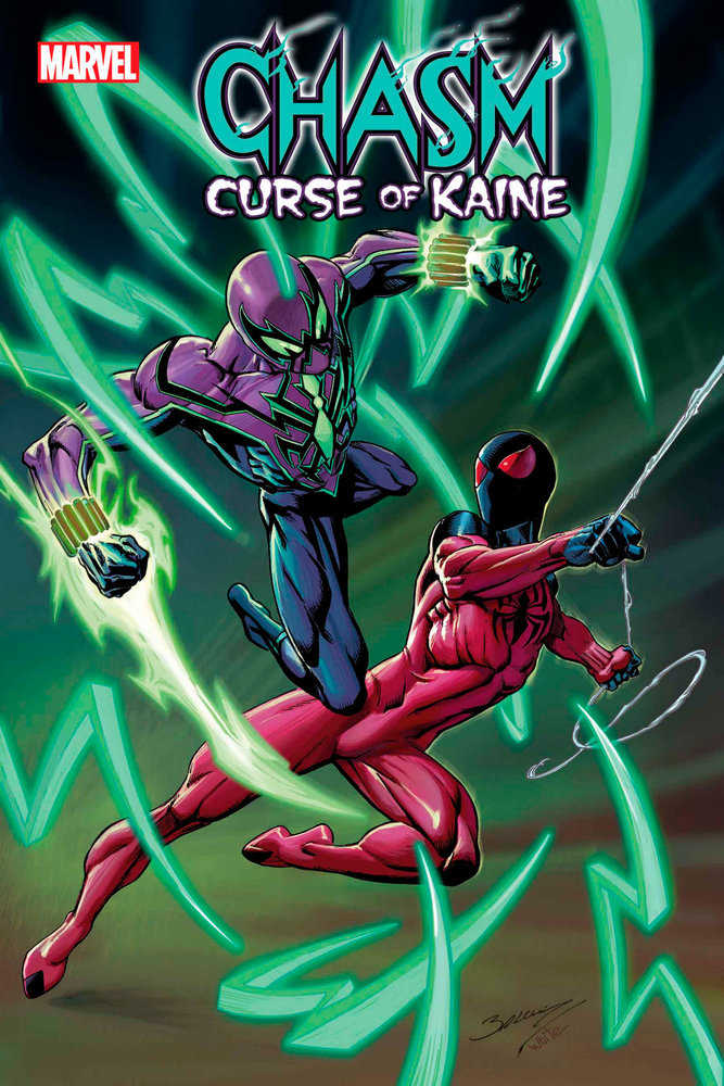 Comic book cover: "Chasm: Curse of Kaine," featuring a purple and green armored figure striking a red-suited figure with a black mask.