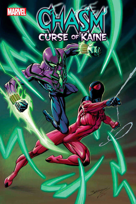 Comic book cover: "Chasm: Curse of Kaine," featuring a purple and green armored figure striking a red-suited figure with a black mask.