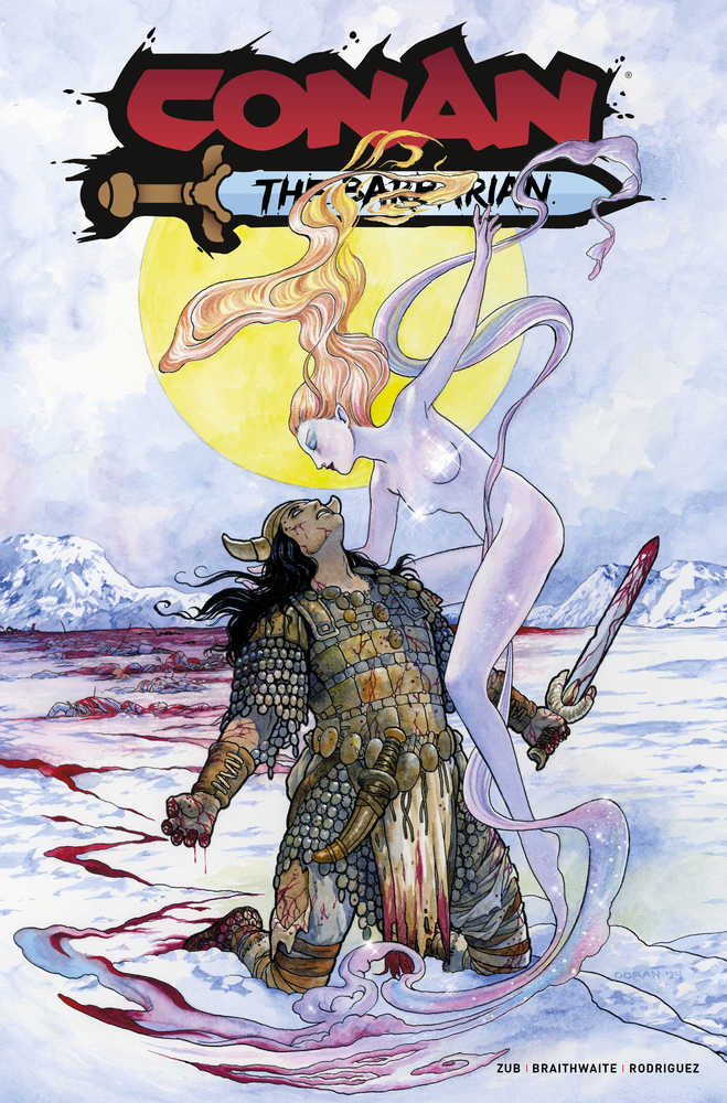 Comic book cover: Conan the Barbarian, warrior in armor, pale woman in flowing hair and fabric, snowy battlefield.