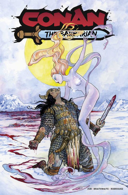 Comic book cover: Conan the Barbarian, warrior in armor, pale woman in flowing hair and fabric, snowy battlefield.