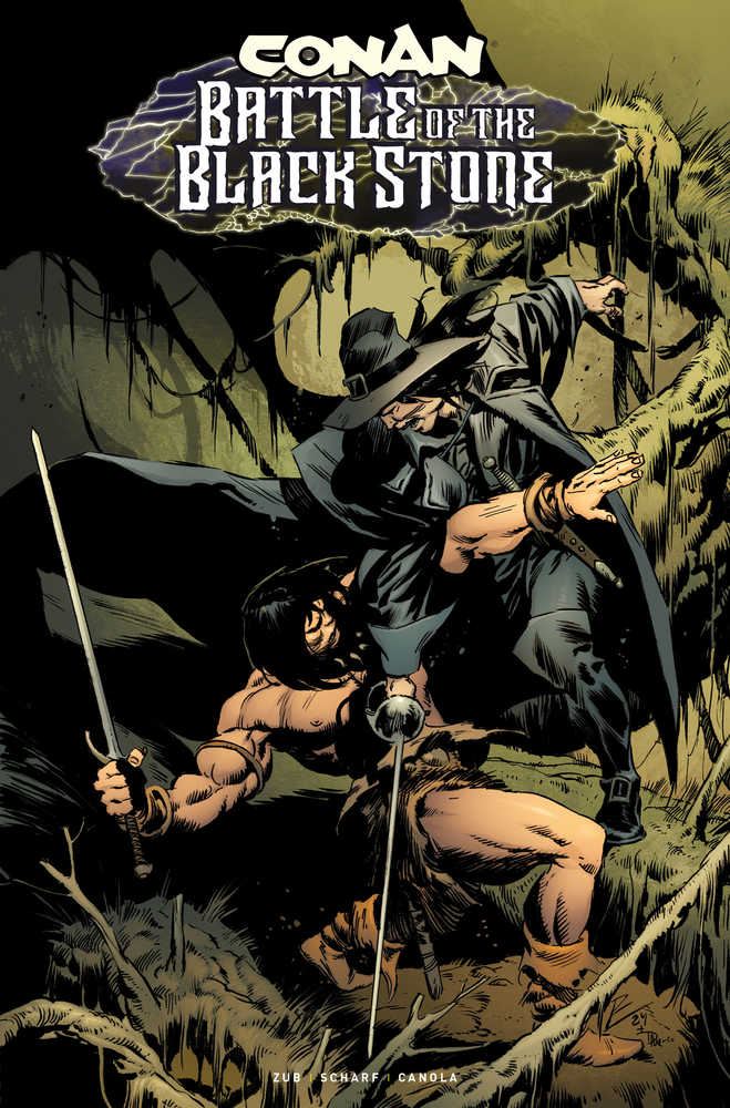Comic book cover featuring Conan battling a character in a black hat and cloak in a dark, overgrown setting.
