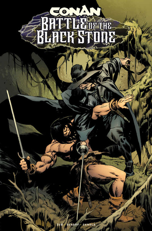 Comic book cover featuring Conan battling a character in a black hat and cloak in a dark, overgrown setting.