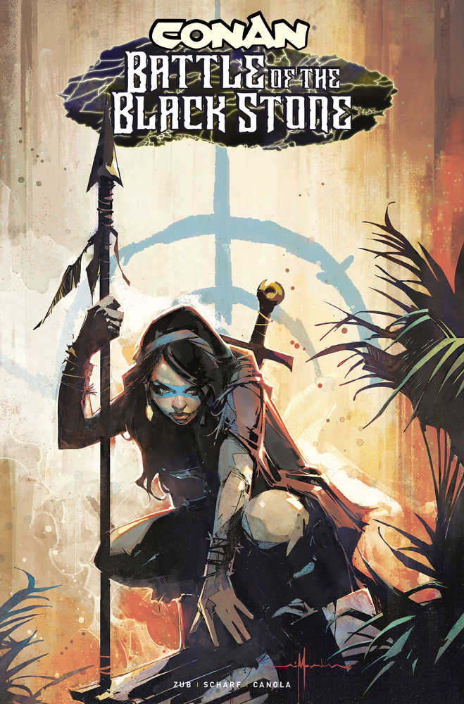 Comic book cover featuring a woman in a dark cloak holding a spear, with a sword behind her and the title "Conan: Battle of the Black Stone" above.