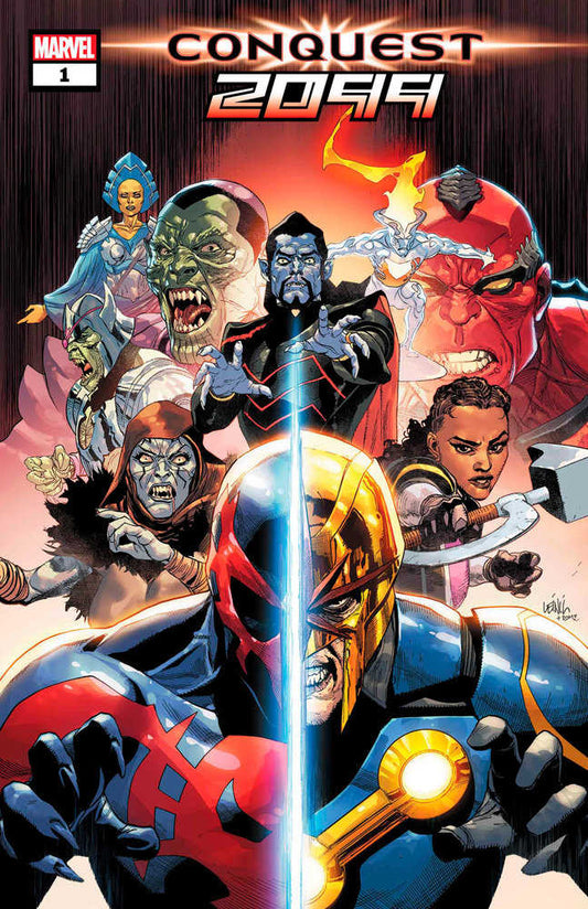 Comic book cover, "Conquest 2099" #1, with futuristic characters in a dynamic composition, vivid colors, and high-detail artwork.