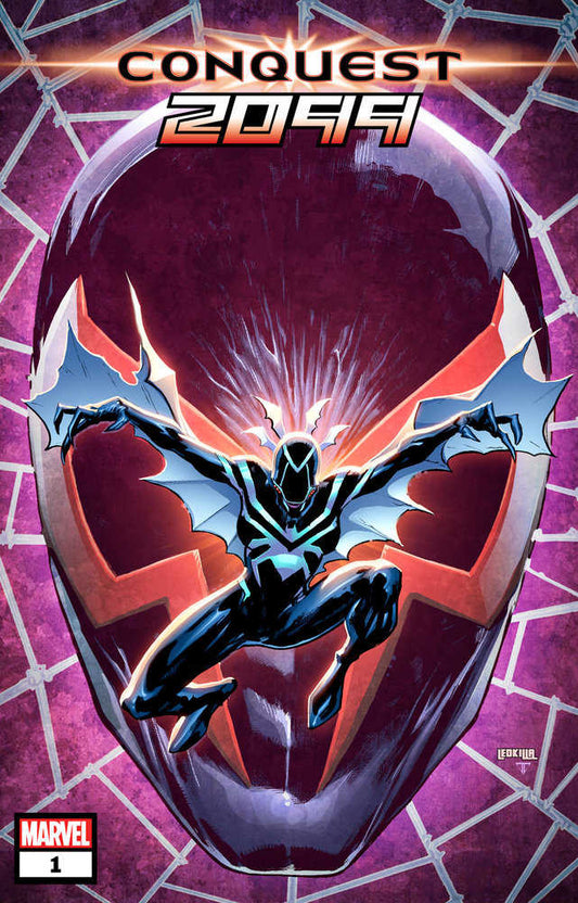 Comic book cover of Conquest 2099 #1. A black and teal superhero figure with bat-like wings poses in front of a giant red mask-like design on a purple background. "Conquest 2099" is written in stylized text at the top. A Marvel logo is at the bottom left.