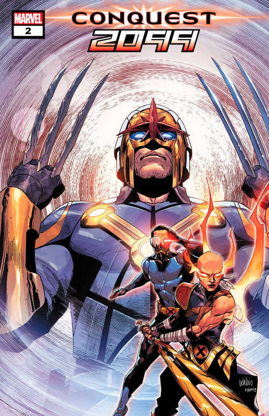 Marvel Conquest 2044 comic book cover featuring Nova with Wolverine claws, a masked superhero with a red visor, and a bald superhero with energy weapons.