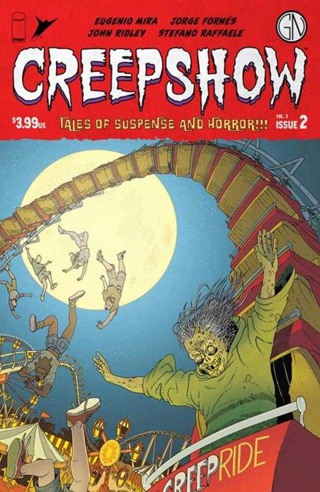 Comic book cover: "Creepshow" issue 2, featuring a creepy zombie on a roller coaster with falling figures and a full moon backdrop.