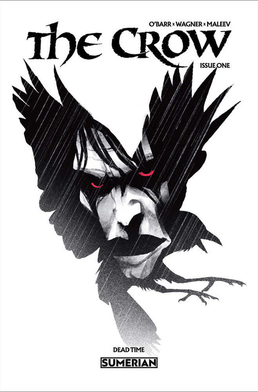 Comic book cover of "The Crow," featuring a stylized image of a crow with a pale, human-like face and glowing red eyes, all set against a white background.