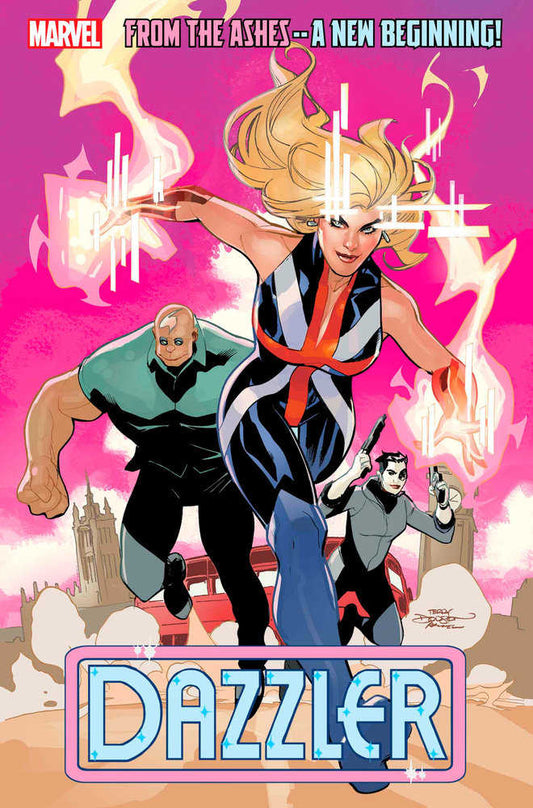 Comic book cover art with Dazzler, a muscular man, and a person with a gun in front of London architecture.