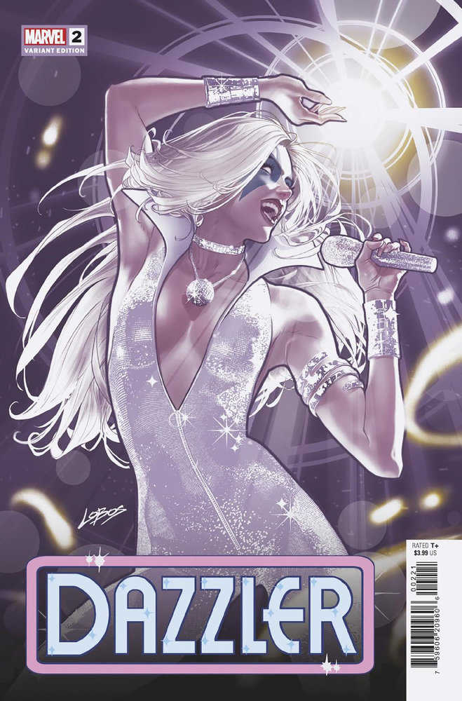 Comic book cover featuring Dazzler in a sparkling outfit, singing into a microphone with a burst of light behind her.