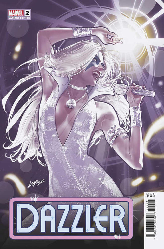 Comic book cover featuring Dazzler in a sparkling outfit, singing into a microphone with a burst of light behind her.