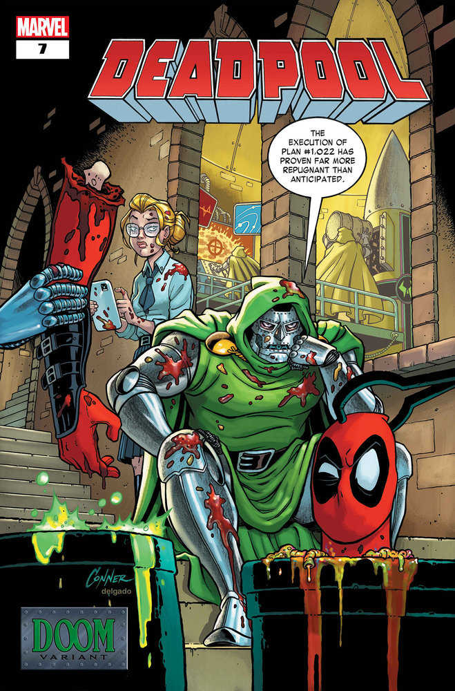 Comic book cover featuring Deadpool, Dr. Doom, and a female character with glasses.