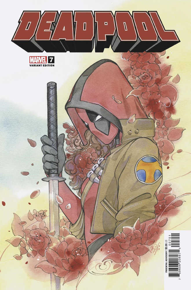 Comic book cover featuring Deadpool in a hooded outfit, surrounded by red flowers, holding a sword.