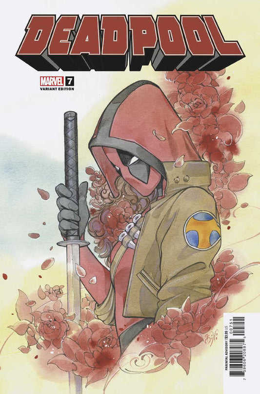 Comic book cover featuring Deadpool in a hooded outfit, surrounded by red flowers, holding a sword.