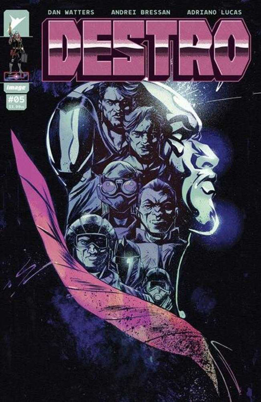 Comic book cover with multiple figures and the title "Destro" in pink.