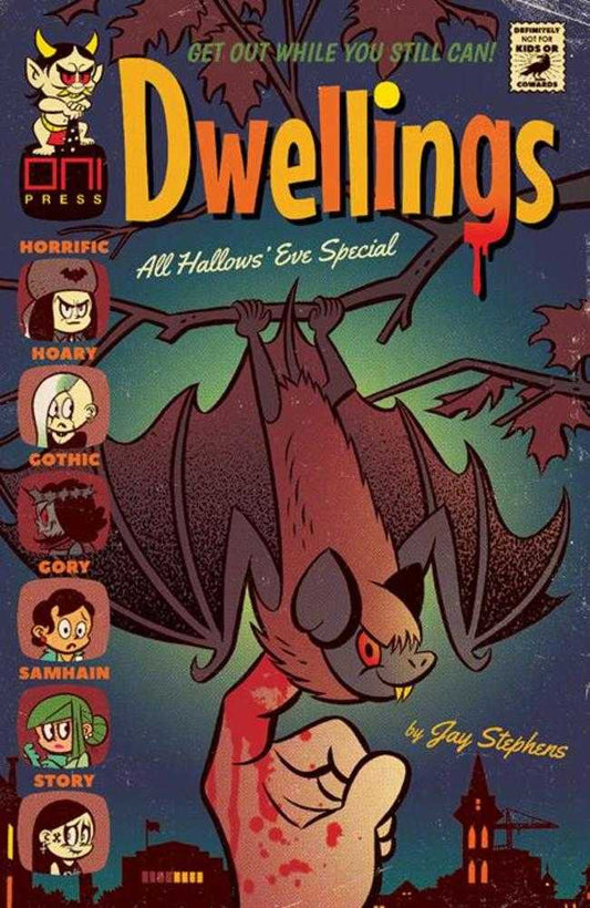 Comic book cover featuring a cartoon bat, bloodied hand, and the title "Dwellings."