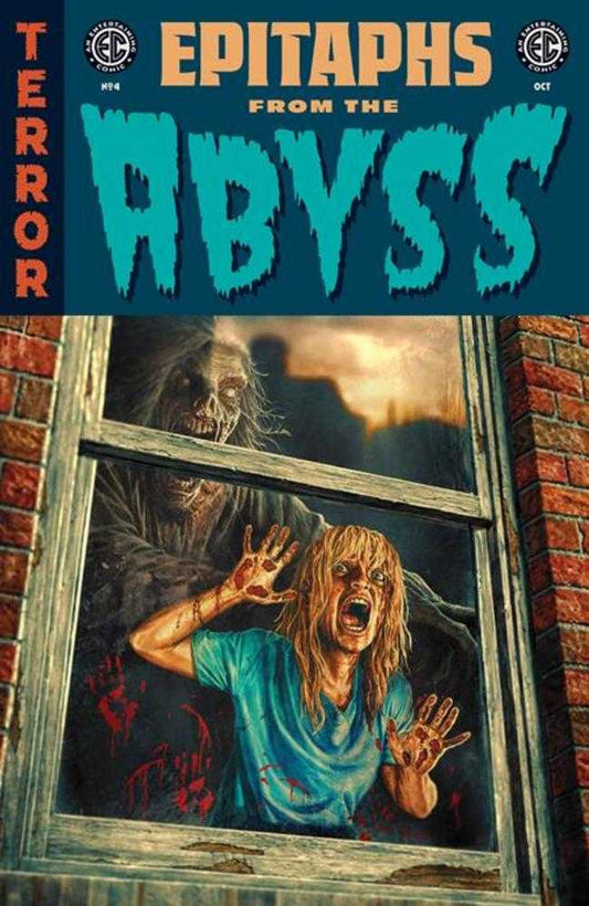 Comic book cover for "Epitaphs From The Abyss" with a woman screaming at a zombie peering through a window covered in bloody handprints.