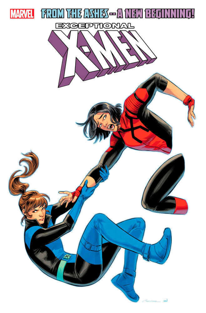 Comic book cover with two women in blue and red superhero suits. One woman is catching the other.