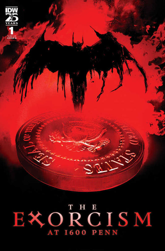 Comic book cover with a demon and the presidential seal in red.