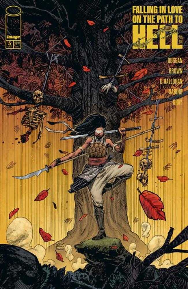 Comic book cover with a blindfolded woman holding swords in front of a large tree with hanging skulls.