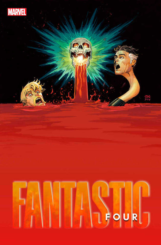 Comic book cover featuring a skull emitting green light, submerged heads, and "Fantastic Four" text.