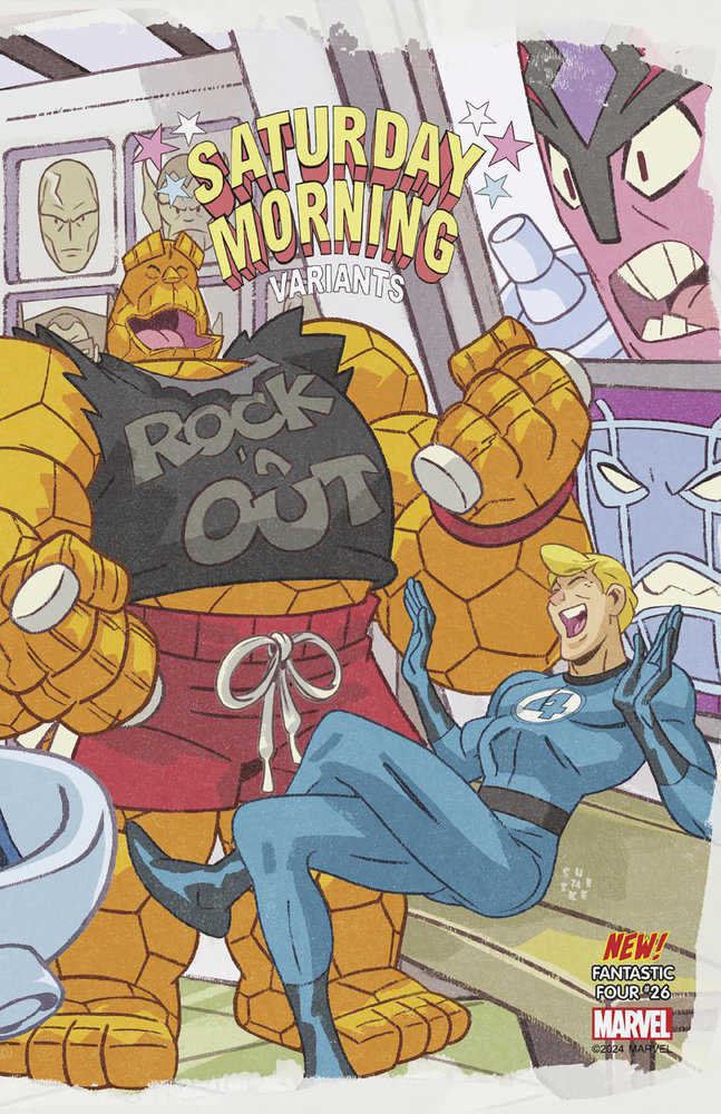 A "Saturday Morning Variants" comic book cover featuring The Thing in a black "Rock Out" t-shirt and red shorts, and Mr. Fantastic laughing in a blue jumpsuit.