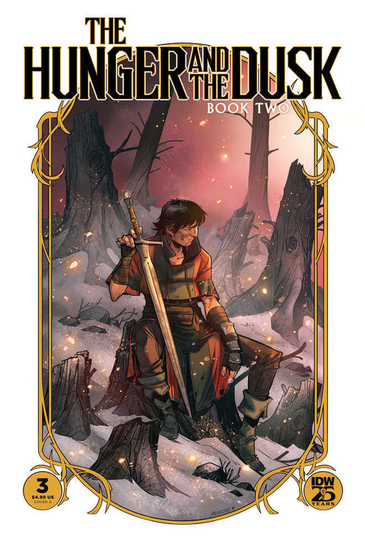 Comic book cover featuring a man sitting in a snowy landscape with a sword, titled "The Hunger and the Dusk." The man is dressed in brown pants, boots, and a tunic with orange accents, with fingerless gloves. He holds a long sword. The background shows snow-covered tree stumps and bare trees under a dusky sky. The image is framed with an ornate gold border. The comic's issue number is "3" and includes the logo "IDW 25 Years."