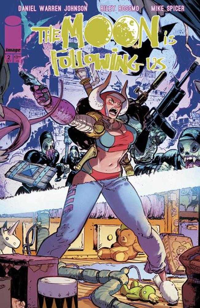 Comic book cover: Woman with horned helmet stands armed amid monster-infested bedroom.