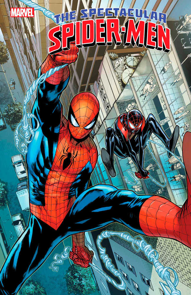 Comic book cover art featuring Spider-Man and Miles Morales swinging through a city.