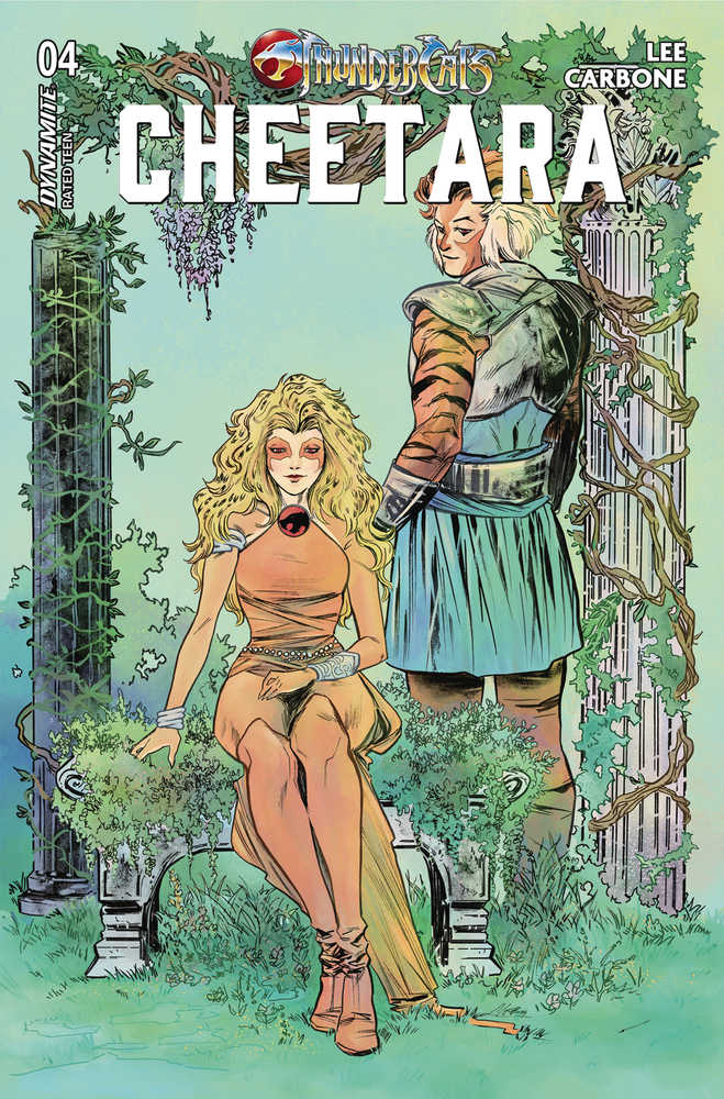 Comic book cover featuring Cheetara and Tigra, surrounded by foliage and ruins.