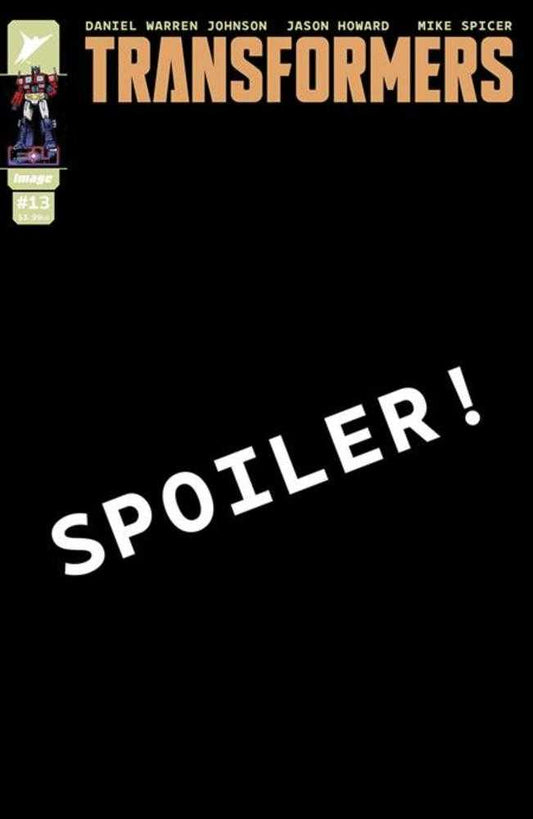 Comic book cover with Optimus Prime, "Transformers" title, and "Spoiler!" text.