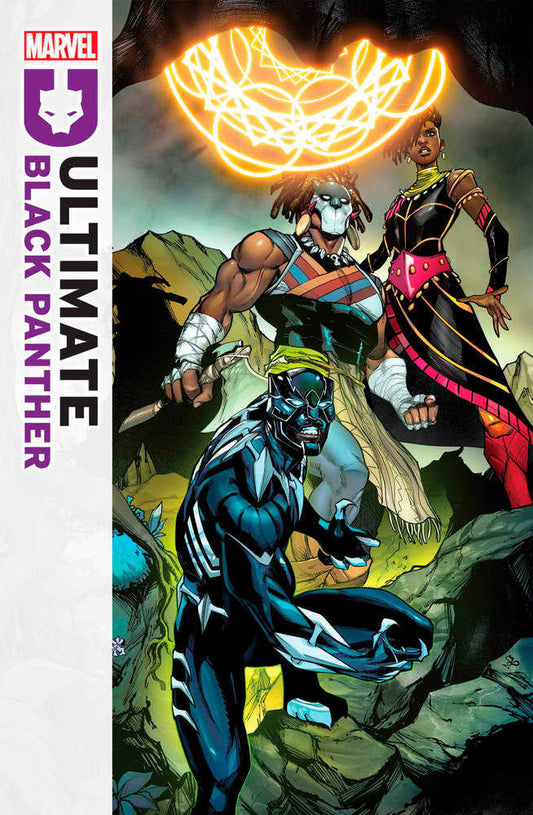 Comic book cover art of Marvel's Ultimate Black Panther, featuring Black Panther, warrior in tribal mask, and woman in regal dress. Background features mountains and a glowing circle.