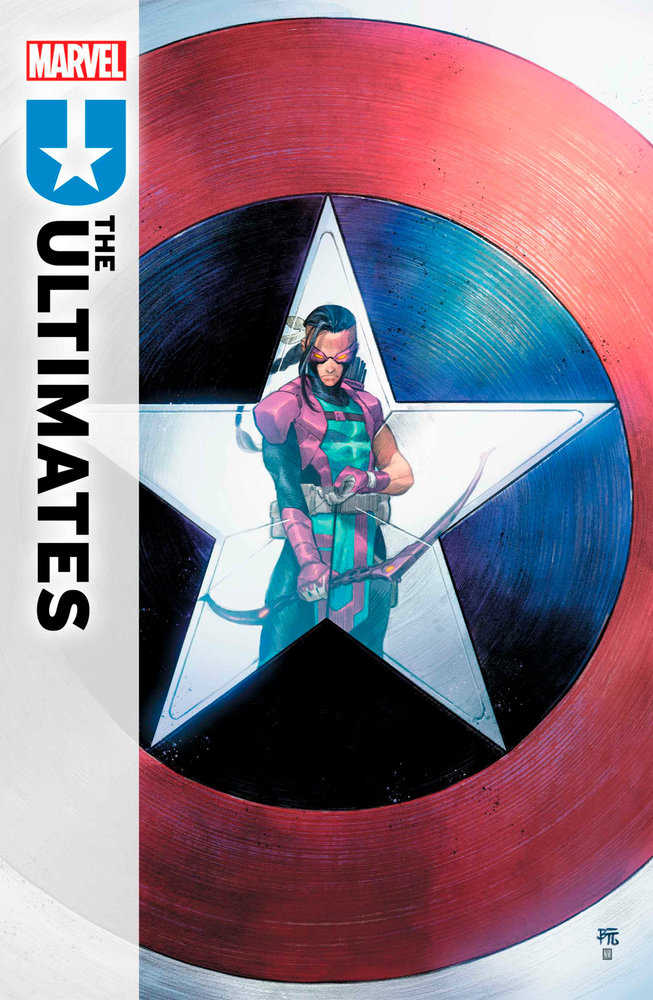 Comic book cover of "Ultimates" featuring Hawkeye holding a bow and arrow, set within a star in Captain America's shield.