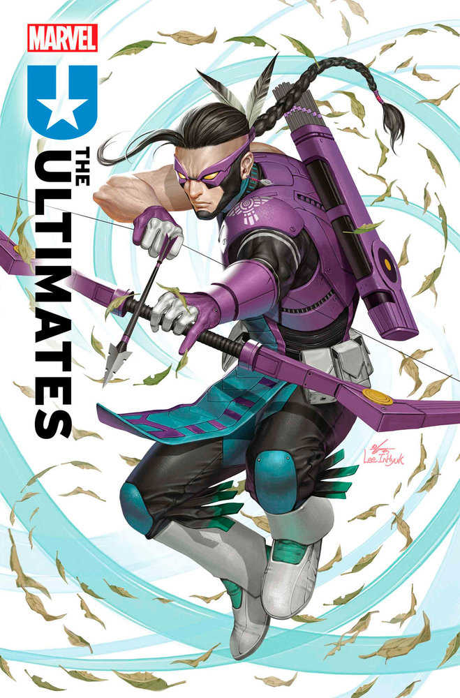 Comic book cover featuring the character Hawkeye from Marvel's "The Ultimates" series. Hawkeye is depicted drawing an arrow with a bow, wearing a purple and black costume with white gloves and boots. Leaves are swirling around him against a light blue and white background.