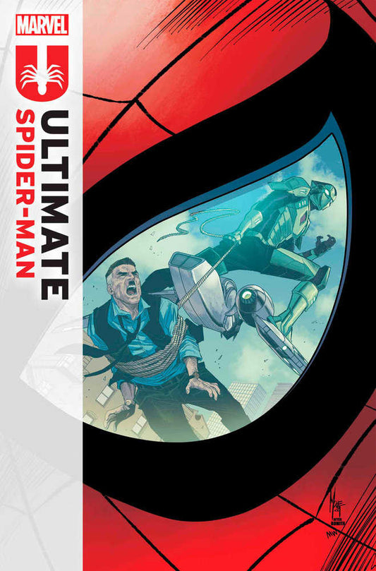 Comic book cover: "Ultimate Spider-Man" featuring J. Jonah Jameson tied up and a character in green armor.
