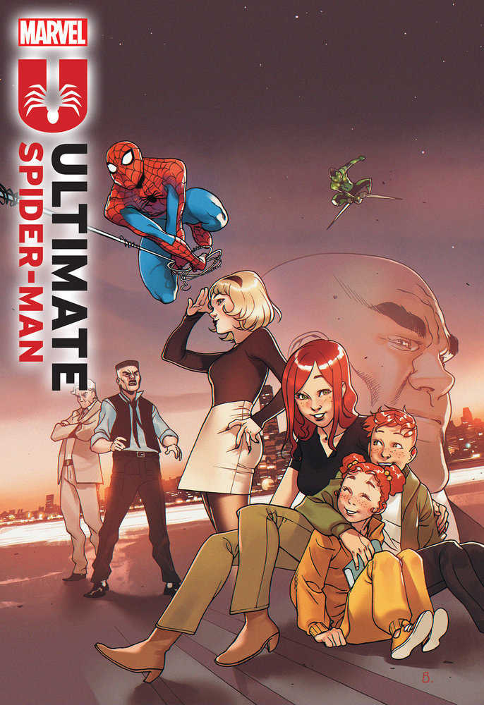 Comic book cover art featuring Spider-Man, family, and villains.